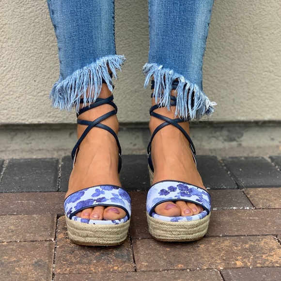 Blue White Floral LaceUp Espadrille Platform Wedge - Picture 2 of 8